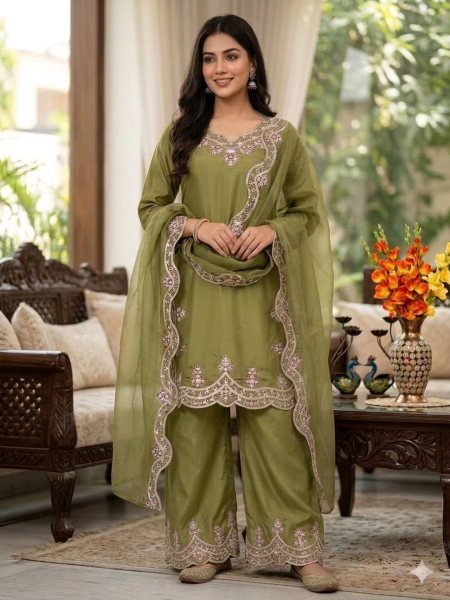 Olive Green Silk Blend Embroidered Salwar Kameez Set For Festive Wear Ready To Wear Suit