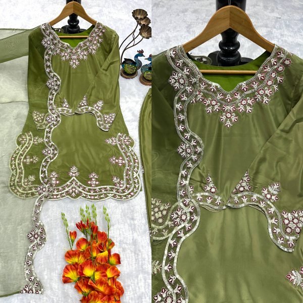 Olive Green Silk Blend Embroidered Salwar Kameez Set For Festive Wear Ready To Wear Collection