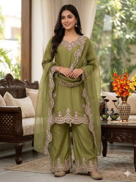 Olive Green Silk Blend Embroidered Salwar Kameez Set For Festive Wear Ready To Wear Collection