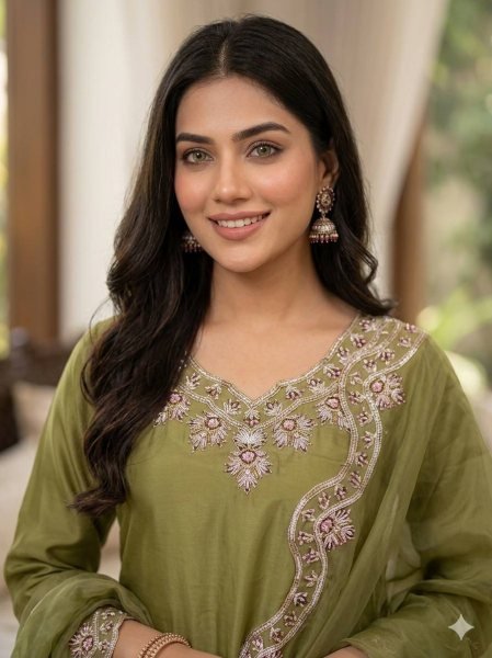 Olive Green Silk Blend Embroidered Salwar Kameez Set For Festive Wear Ready To Wear Collection