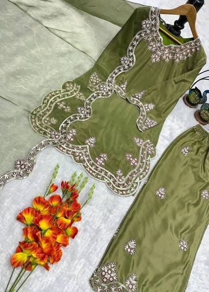 Olive Green Silk Blend Embroidered Salwar Kameez Set For Festive Wear Ready To Wear Collection