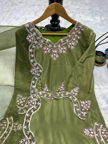 Olive Green Silk Blend Embroidered Salwar Kameez Set For Festive Wear Ready To Wear Collection