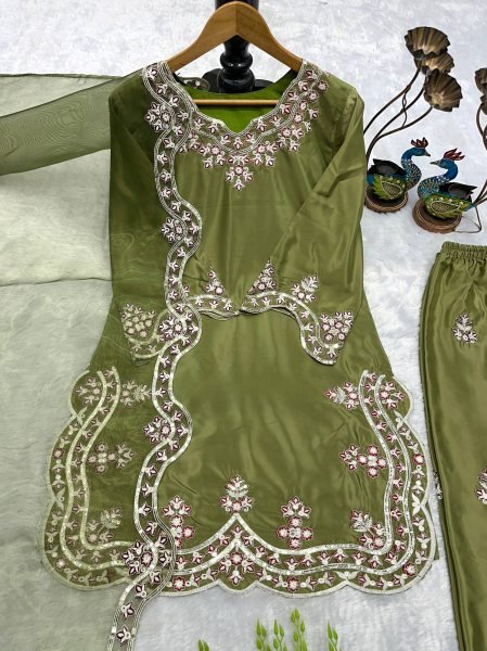 Olive Green Silk Blend Embroidered Salwar Kameez Set For Festive Wear Ready To Wear Collection