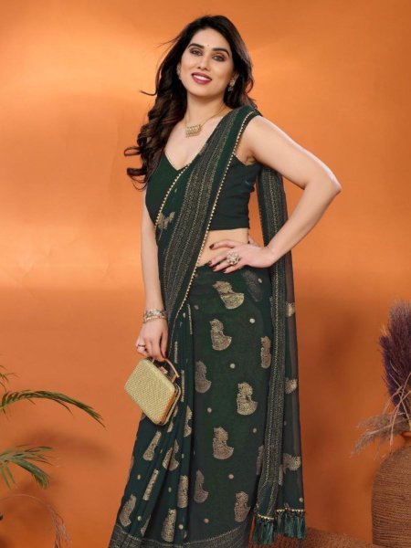 Olive Green Soft Georgette Saree with Foil Detailing and Samosa Lace for Celebration  Georgette Sarees Wholesale