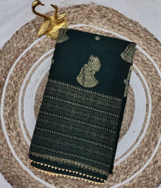 Olive Green Soft Georgette Saree with Foil Detailing and Samosa Lace for Celebration  Georgette Sarees Wholesale