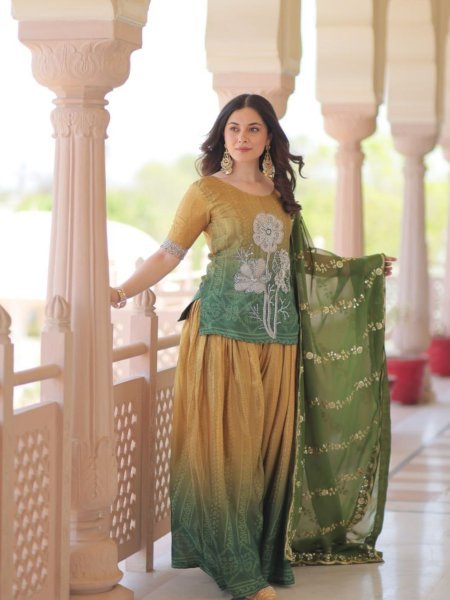 Olive Radiance Chinnon Sharara Suit Set with Zari Dupatta and Beads Embroidery Ideal for Mehendi Look  Ready To Wear Suit