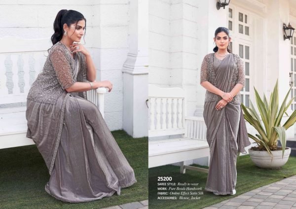 Ombre Effect Satin Silk Beads Handwork Ready to Wear Wedding   Party Wear Saree With Designer Jacket Designer Wedding Sarees Wholesale