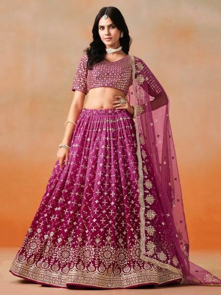 Ombre Red-Pink Georgette Lehenga Set with Heavy Silver Embroidery and Mirror-Effect Sequins Bridal Lehenga Choli