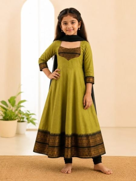 Onam Special Green Girls Anarkali Dress with Jacquard Border at Wholesale Rate