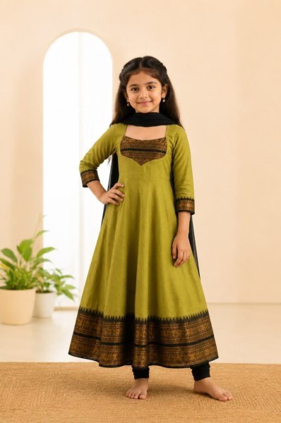 Onam Special Green Girls Anarkali Dress with Jacquard Border at Wholesale Rate Girls Wear
