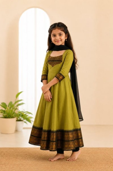 Onam Special Green Girls Anarkali Dress with Jacquard Border at Wholesale Rate Girls Wear