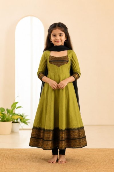 Onam Special Green Girls Anarkali Dress with Jacquard Border at Wholesale Rate Girls Wear