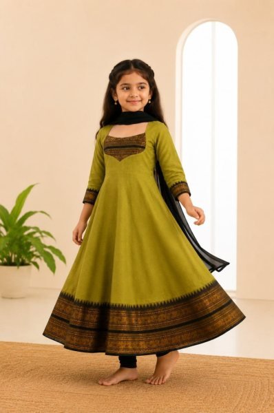 Onam Special Green Girls Anarkali Dress with Jacquard Border at Wholesale Rate Girls Wear
