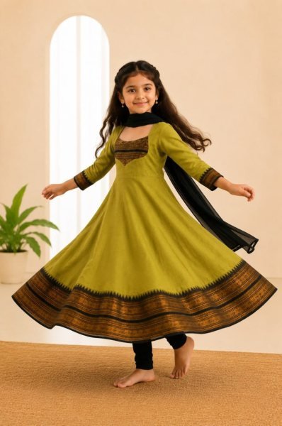 Onam Special Green Girls Anarkali Dress with Jacquard Border at Wholesale Rate Girls Wear