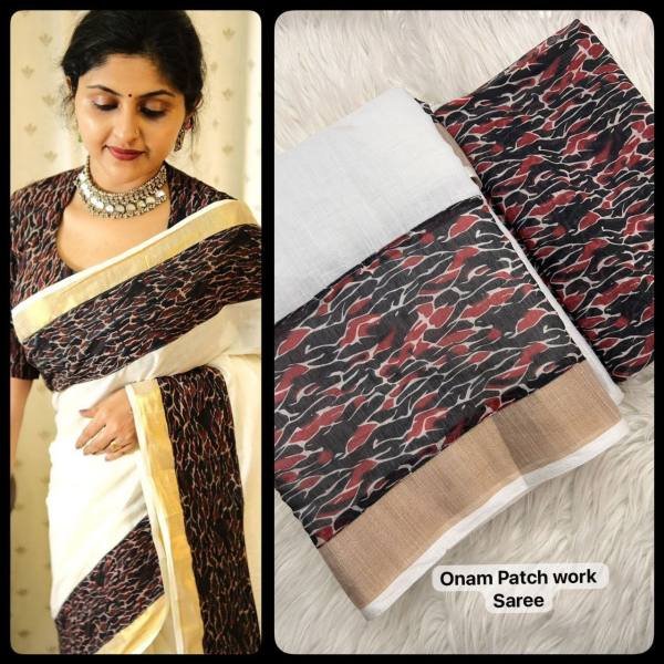 Onam Special Kerala Soft Linen Saree with Golden Border   Patch Work For Woman Linen Sarees Wholesale