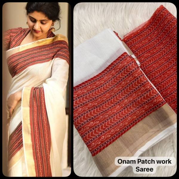Onam Special Kerala Soft Linen Saree with Golden Border   Patch Work For Woman Linen Sarees Wholesale