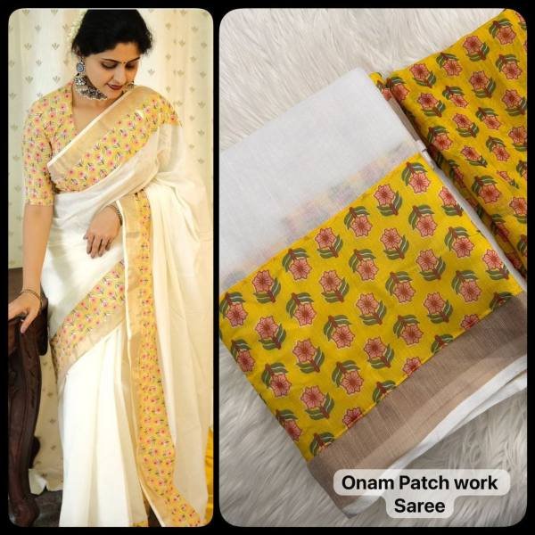 Onam Special Kerala Soft Linen Saree with Golden Border   Patch Work For Woman Linen Sarees Wholesale
