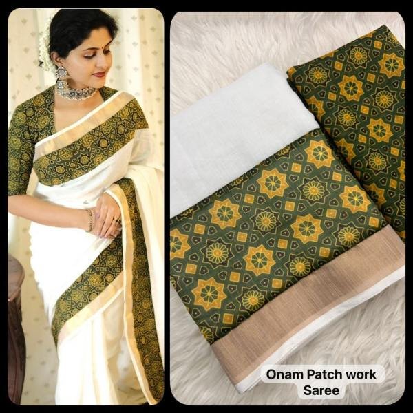 Onam Special Kerala Soft Linen Saree with Golden Border   Patch Work For Woman Linen Sarees Wholesale