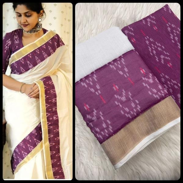 Onam Special Kerala Soft Linen Saree with Golden Border   Patch Work For Woman Linen Sarees Wholesale