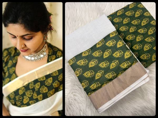 Onam Special Kerala Soft Linen Saree with Golden Border   Patch Work For Woman Linen Sarees Wholesale