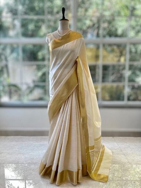 Onam Special Semi Tusser Silk Saree with zari Border Wholesale Deal Onam Collection