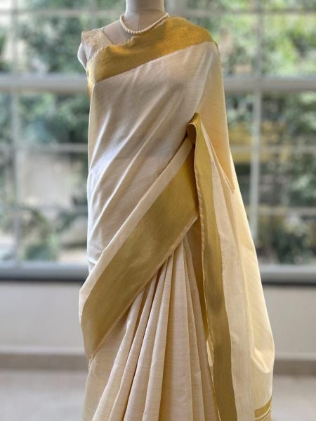 Onam Special Semi Tusser Silk Saree with zari Border Wholesale Deal Onam Collection