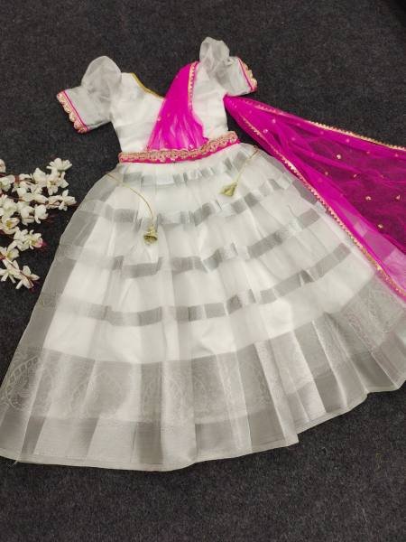Onam Special White Kids Gown with Dupatta & Canvas Flair At Best Rates Girls Wear