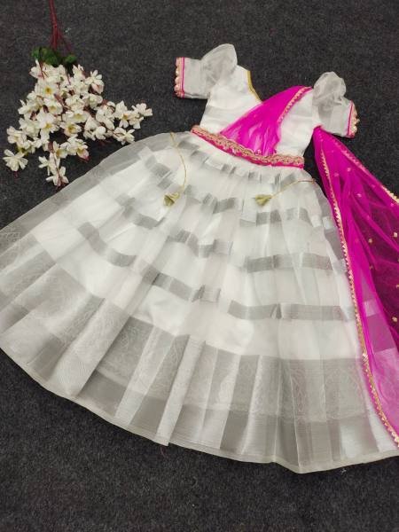 Onam Special White Kids Gown with Dupatta & Canvas Flair At Best Rates Girls Wear