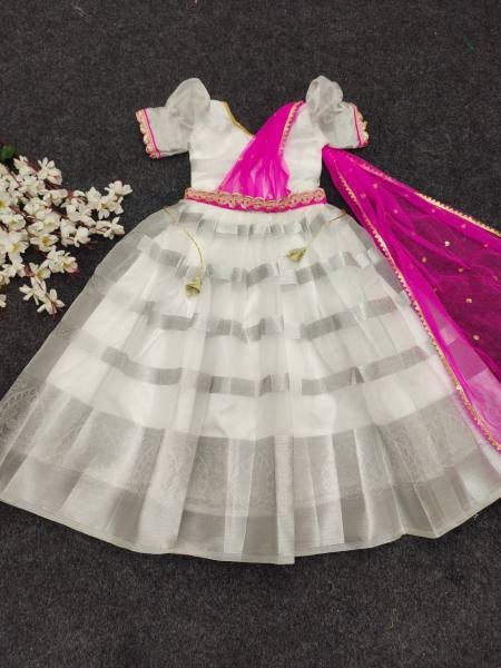 Onam Special White Kids Gown with Dupatta & Canvas Flair At Best Rates Girls Wear