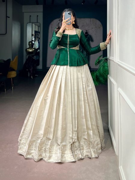 Onam Wear Kanchipuram Lehenga Set with Rich Zari Weaving and Satin Silk Top  Lehenga