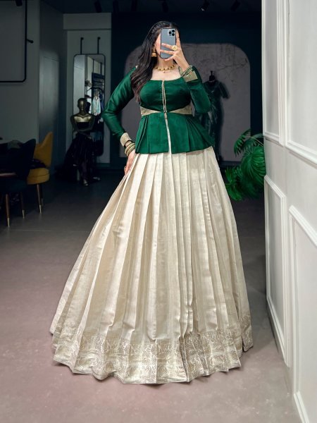 Onam Wear Kanchipuram Lehenga Set with Rich Zari Weaving and Satin Silk Top Navratri Lehnega Choli