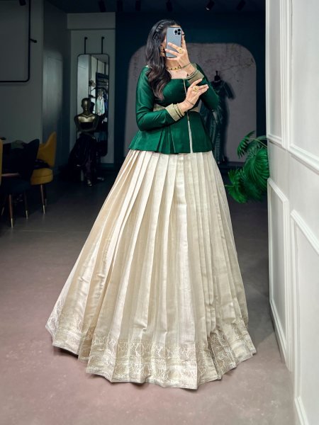 Onam Wear Kanchipuram Lehenga Set with Rich Zari Weaving and Satin Silk Top Navratri Lehnega Choli