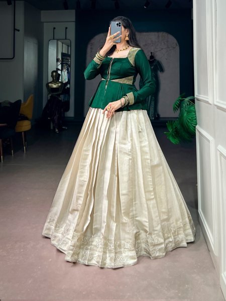 Onam Wear Kanchipuram Lehenga Set with Rich Zari Weaving and Satin Silk Top Navratri Lehnega Choli