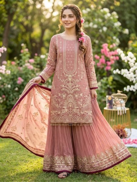 Online Seller Collection Baby Pink Plazzo set 5 mm Sequence Work Combined With Rivet Moti detailing And Dupatta Ready To Wear Suit