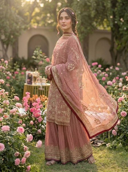 Online Seller Collection Baby Pink Plazzo set 5 mm Sequence Work Combined With Rivet Moti detailing And Dupatta Ready To Wear Collection