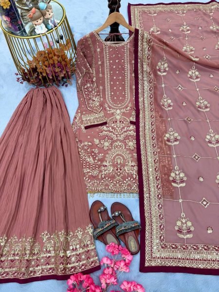 Online Seller Collection Baby Pink Plazzo set 5 mm Sequence Work Combined With Rivet Moti detailing And Dupatta Ready To Wear Collection
