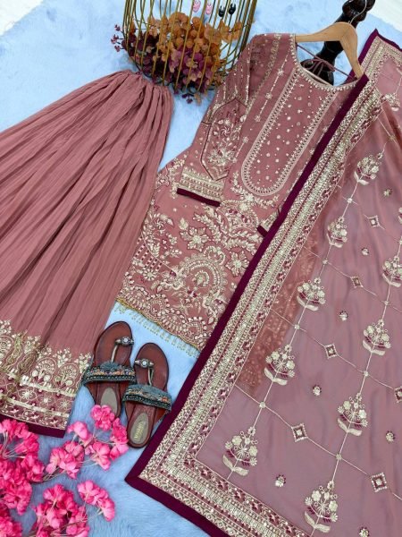 Online Seller Collection Baby Pink Plazzo set 5 mm Sequence Work Combined With Rivet Moti detailing And Dupatta Ready To Wear Collection