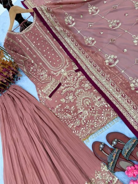 Online Seller Collection Baby Pink Plazzo set 5 mm Sequence Work Combined With Rivet Moti detailing And Dupatta Ready To Wear Collection