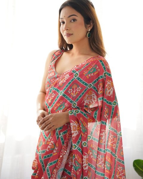 Online Shopping Deal Heavy Printed Chinon Saree with Fancy Mirror Work Lace for Women Designer Wedding Sarees Wholesale