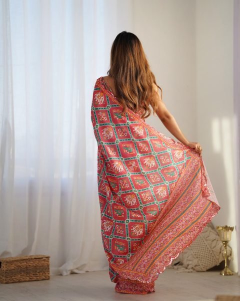 Online Shopping Deal Heavy Printed Chinon Saree with Fancy Mirror Work Lace for Women Designer Wedding Sarees Wholesale