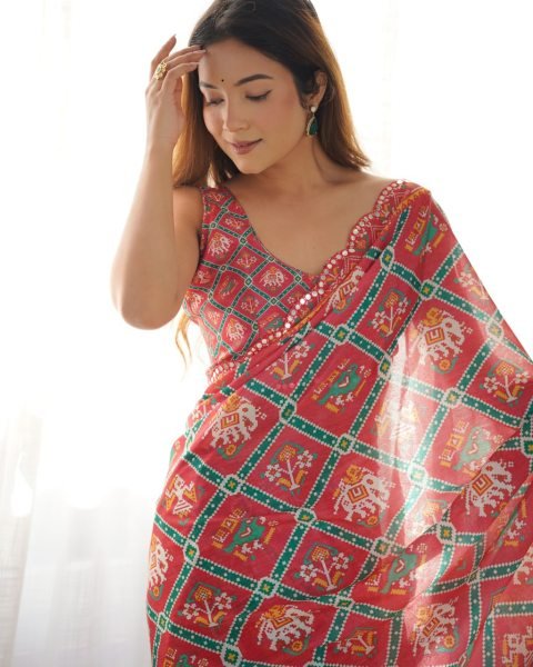 Online Shopping Deal Heavy Printed Chinon Saree with Fancy Mirror Work Lace for Women Designer Wedding Sarees Wholesale