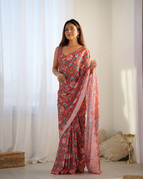 Online Shopping Deal Heavy Printed Chinon Saree with Fancy Mirror Work Lace for Women Designer Wedding Sarees Wholesale