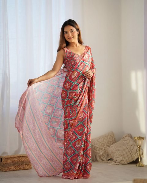 Online Shopping Deal Heavy Printed Chinon Saree with Fancy Mirror Work Lace for Women Designer Wedding Sarees Wholesale