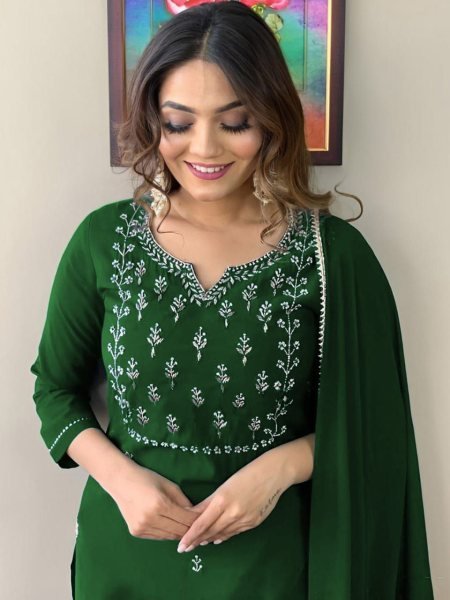 Online Shopping for Women in India|  Rayon Slub  Kurta-Pant dupatta Set  with Beautiful embroidery work  3 Piece Kurti Set