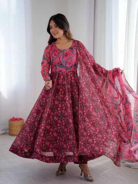 Opalescent Ajrak Print Organza Anarkali Set with Dupatta and Pant for Exporters Kurtis