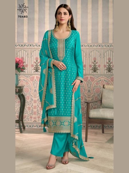 Opalescent Sky Blue Jasleen Design No.75483 By Kuleesh for Party Wear Embroidery Suits Wholesale