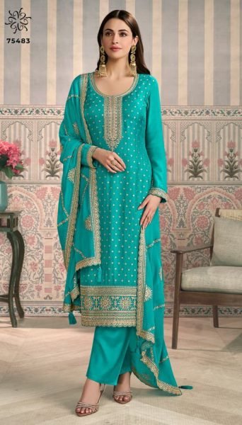 Opalescent Sky Blue Jasleen Design No.75483 By Kuleesh for Party Wear Embroidery Suits Wholesale