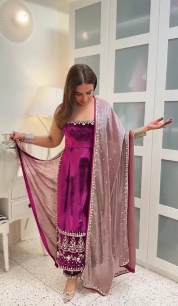 Opalescent Viscose Velvet Double Sided Embroidery Work with Pant and Organza Dupatta for Party Wear at Manufacturer Rate Ready To Wear Collection