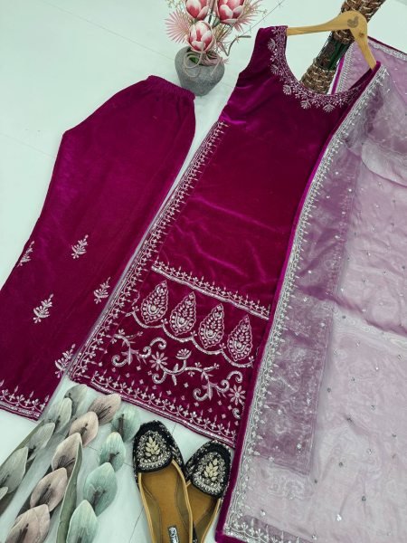 Opalescent Viscose Velvet Double Sided Embroidery Work with Pant and Organza Dupatta for Party Wear at Manufacturer Rate Ready To Wear Collection