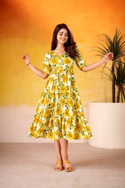 Opalescent Yellow Floral Printed Vichitra Silk Frock with Micro Crepe Lining for resellers Printed Kurtis